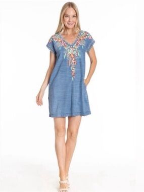 APNY Embroidered Indigo Boho Tencel Sleeveless Denim Tunica Shift Dress Size Med